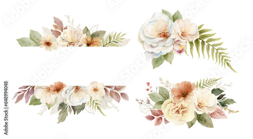 Watercolor set of flower wreaths with neutral flowers and leaves. Arrangement for greeting cards, stationery, wedding invitations and decorations. Hand painted illustration.