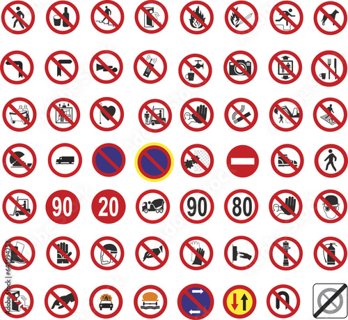 Prohibition signs for various companies or industries. No entry signs, varied traffic, etc.