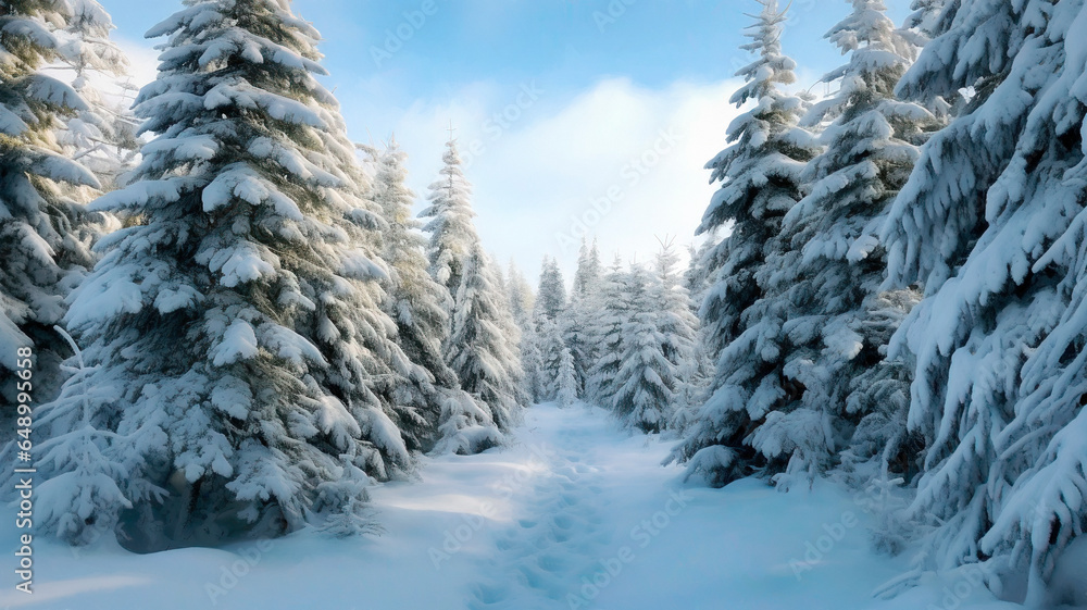 Winter forest landscape. Snowy forest and fir branches