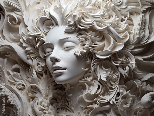 AI-generated illustration of a sleeping female beauty with flowing hair, carved in white stone. MidJourney.