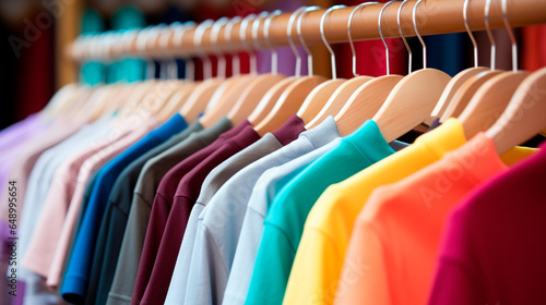 Colorful t shirts on hangers. A collection colorful t-shirts on hang for sale in shop