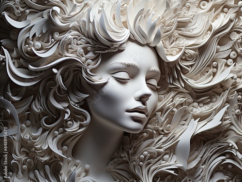 AI-generated illustration of a sleeping female beauty with flowing hair, carved in white stone. MidJourney.