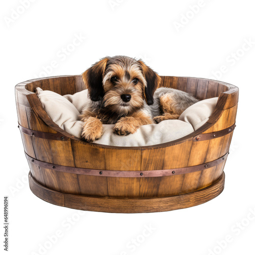 Rustic Wine Barrel Transformed into Dog Bed Isolated on White