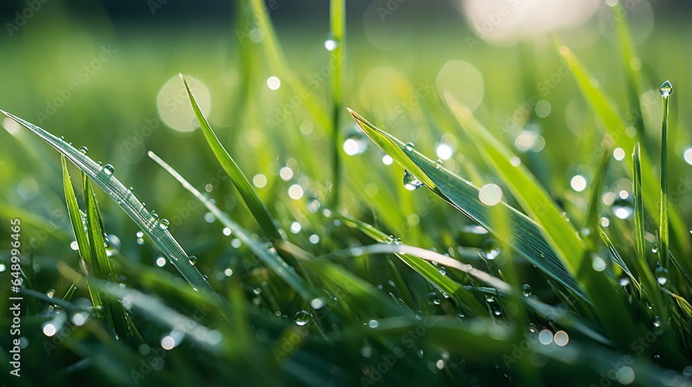 The fresh, dewy green grass in the natural morning setting with a beautiful blurry bokeh background with copy space.
