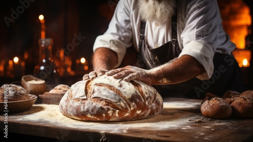 Baker Preparing Delicious Fresh Bread in Bakery