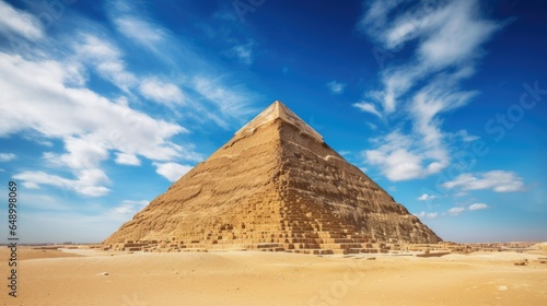 Ancient marvel in Egypt  Great Pyramid of Giza. Majestic stone structure  towering height against clear blue sky. Historical treasure of ancient civilization.