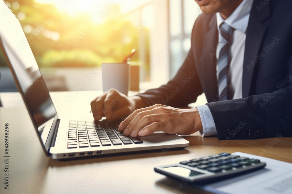 Businessman wearing suit sitting and working at laptop, close up view of hands.generative ai
Businessman wearing suit sitting and working at laptop, close up view of hands.generative ai
