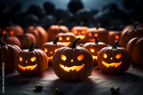 Generative AI illustration of illuminated carved pumpkins with different evil faces in darkness at Halloween night photo