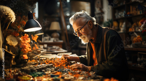 Artisan s dedication  elderly artist immersed in studio craftsmanship. 