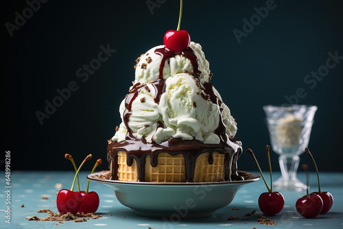 Generative AI illustration of the selective focus of a plate with a waffle cone covered in whipped cream with chocolate topping with cherry decoration