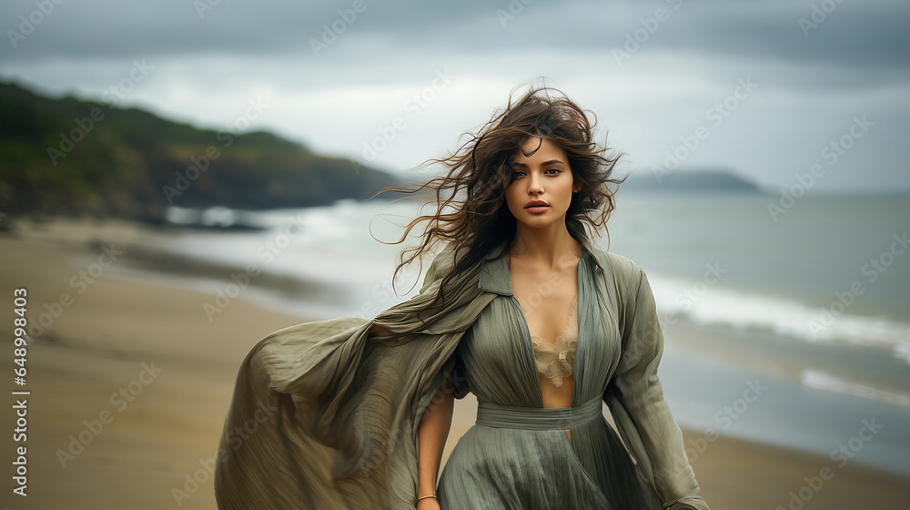 Serene coastal moment, solitary figure on windswept beach.
Serene coastal moment, solitary figure on windswept beach.