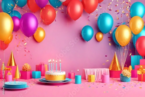 Birthday balloons and happy birthday cake with colorful candles