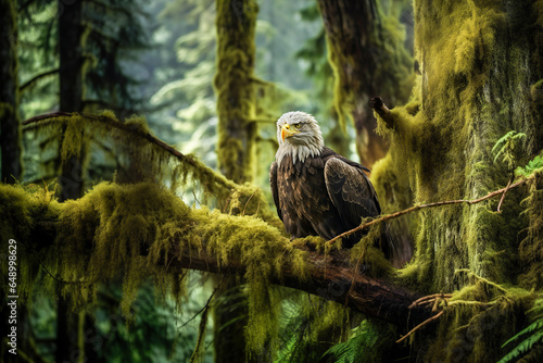 Generative AI illustration of powerful eagle flying in green swamp full of moss in blurred background photo