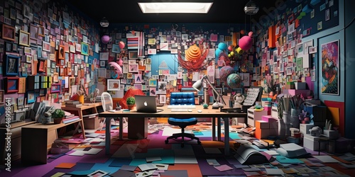 Room flooded with colorful paper sticky notes and office supplies