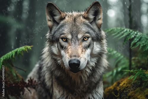 Generative AI illustration of concentrated wild wolf with looking at camera in the rain amidst green leaves lush forest photo