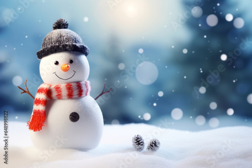 Little snowman dressed and decorated standing in the snow with a beautiful winter background and space for text or inscriptions.generative ai  © Ivan