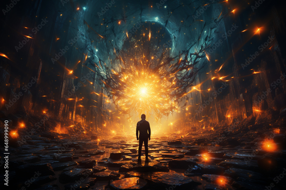 Silhouette of alone person looking at heaven. Lonely man standing in fantasy landscape made with AI Silhouette of alone person looking at heaven. Lonely man standing in fantasy landscape made with AI