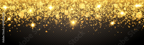 Twinkling and shining stars, bright flashes of lights with radiation on a dark background. Transparent golden particles, stardust. Vector illustration.