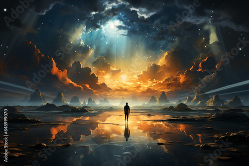 Silhouette of alone person looking at heaven. Lonely man standing in fantasy landscape made with AI