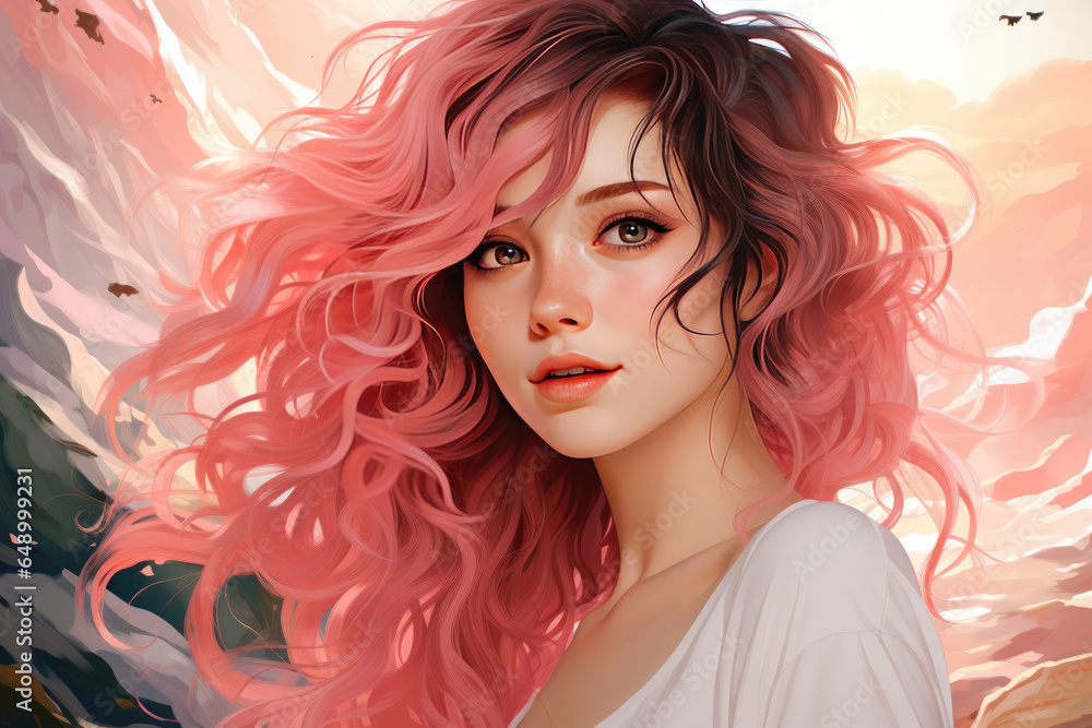 A beautiful girl with pink curly hair and a pink dress.