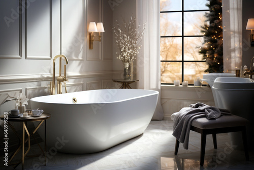 Beautiful luxury bathroom design. White bath, mirrors, cabinet, candles, towels, Christmas tree, table with morning coffee near the bath.