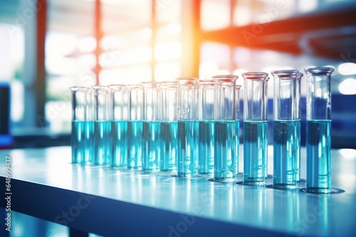 test tubes lined up on a laboratory bench at sunset