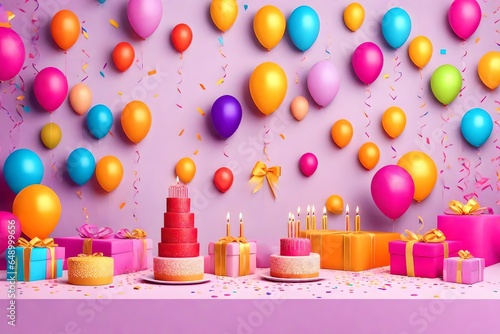 Birthday balloons and happy birthday cake with colorful candles