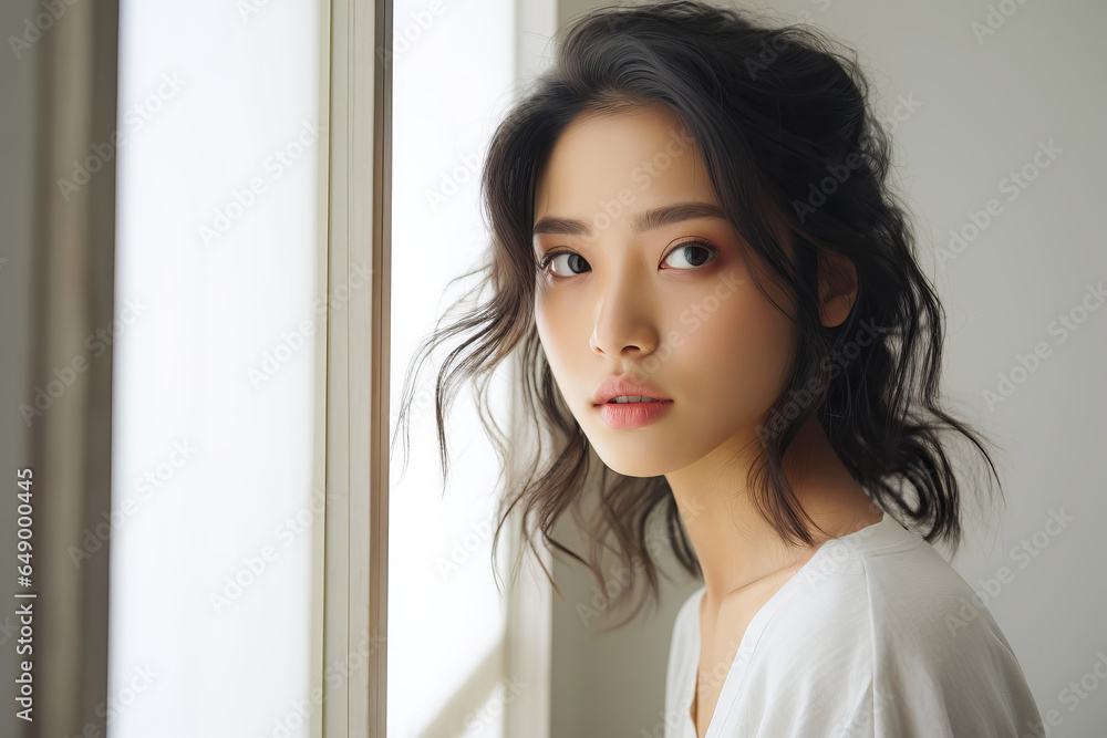 Unhappy asian young woman alone in light living room. Unhappy asian young woman alone in light living room.