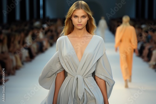 Fashion show, beautiful model walking on runway in trendy dress