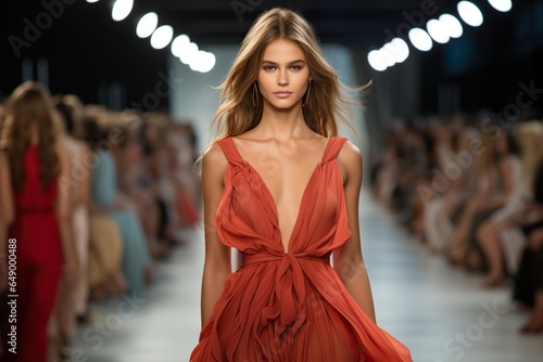 Fashion show, beautiful model walking on runway in red dress photo