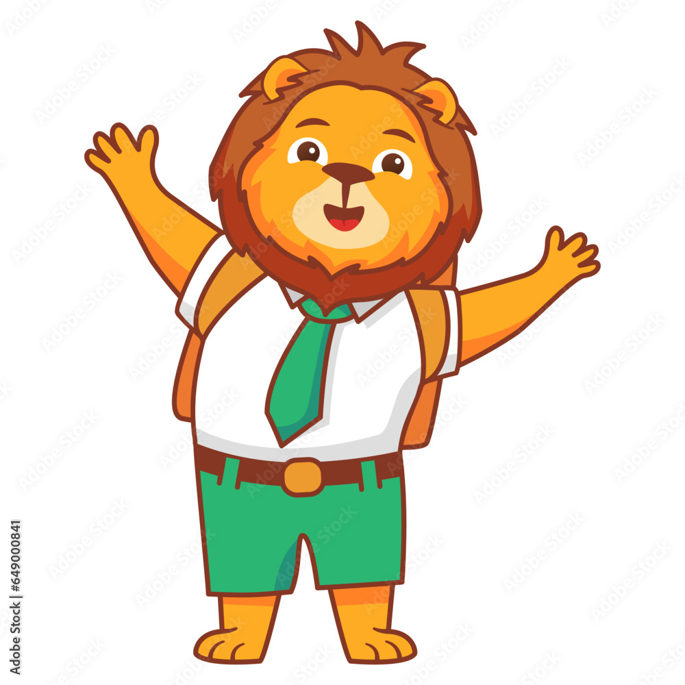 Cartoon lion going to school.A joyful cute lion cub in a school uniform with bag .Kid kawaii tropical animal go to school.Animalistic childish character.Cute animal student happily waving his hand.