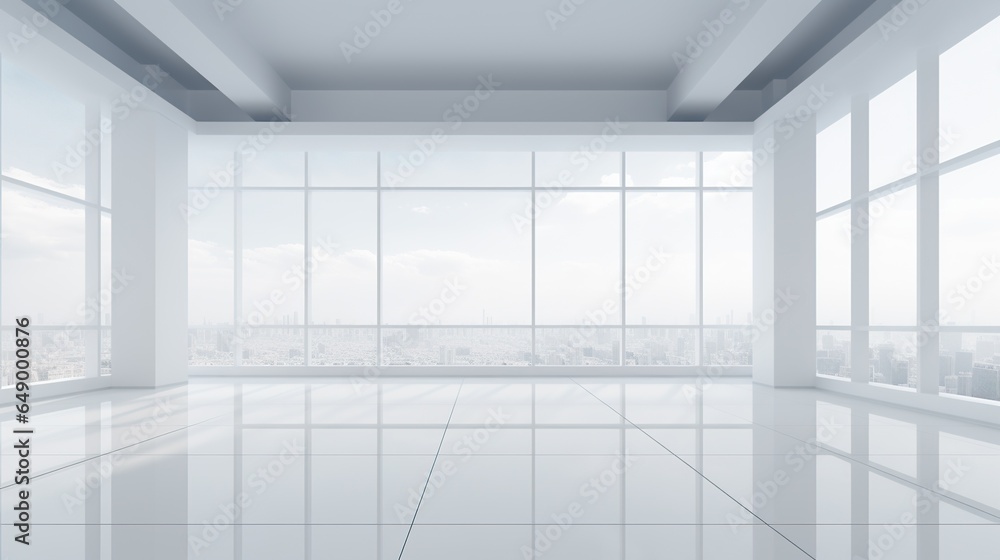 Empty modern room with white walls and big windows, minimalist interior design in luxury apartment, clean and contemporary space Empty modern room with white walls and big windows, minimalist interior design in luxury apartment, clean and contemporary space