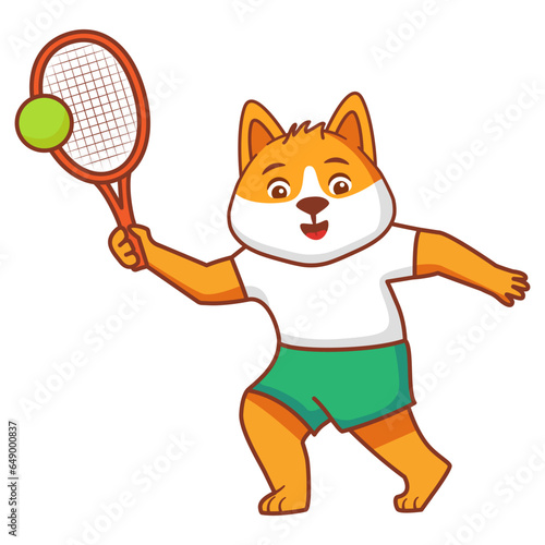 Hare tennis player.Dog with a racket tennis ball playing tennis.Cute animal.Dog is an athlete.Isolated on white background.Line art vector illustration.