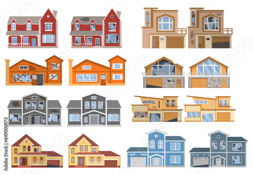 Set old and new home. Renovation of house with repairer.Building maintenance service.House before and after repair.Suburban cottage. Remodel construction. Facade new and old broken cottage front view.