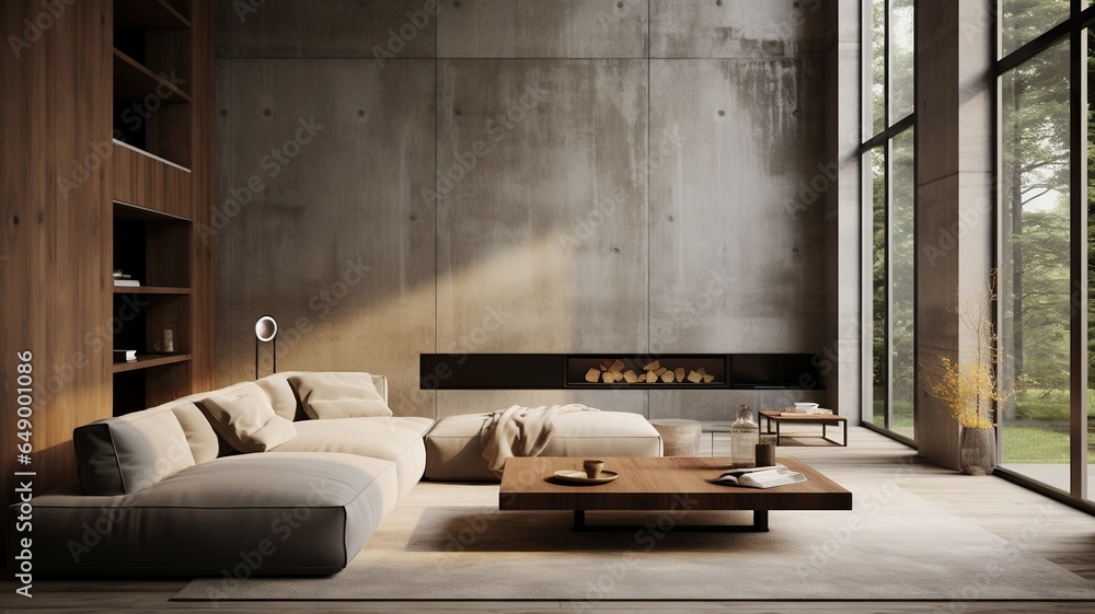 Stylish loft interior with gray concrete walls, modern sofa in luxury living room, contemporary design with open space Stylish loft interior with gray concrete walls, modern sofa in luxury living room, contemporary design with open space