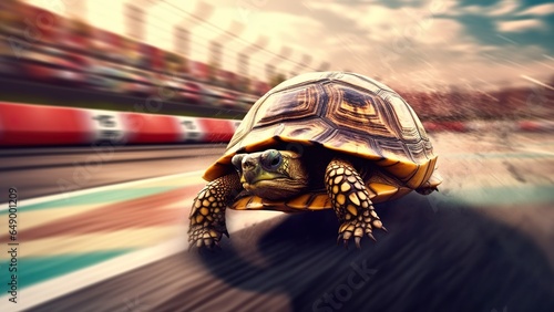 Fast turtle racing on track, illustration of determined tortoise in blurred motion showing speed and endurance challenge