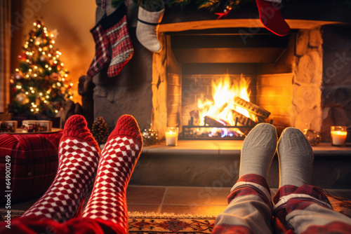 Christmas stockings on the legs of two people sitting near a fireplace with fire. Christmas cozy home.generative ai 