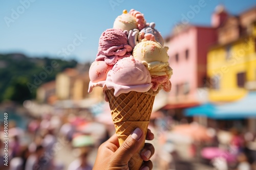 Hand holding ice cream or Italian gelato cone, summer sunny day in city street on background, travel and lifestyle in Europe