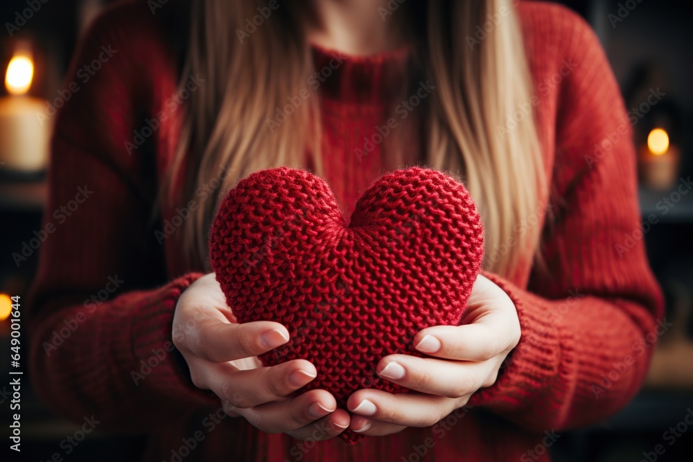 Hands holding red knitted heart toy, symbolizing love, health, charity, and support. Healthcare and donation concept Hands holding red knitted heart toy, symbolizing love, health, charity, and support. Healthcare and donation concept