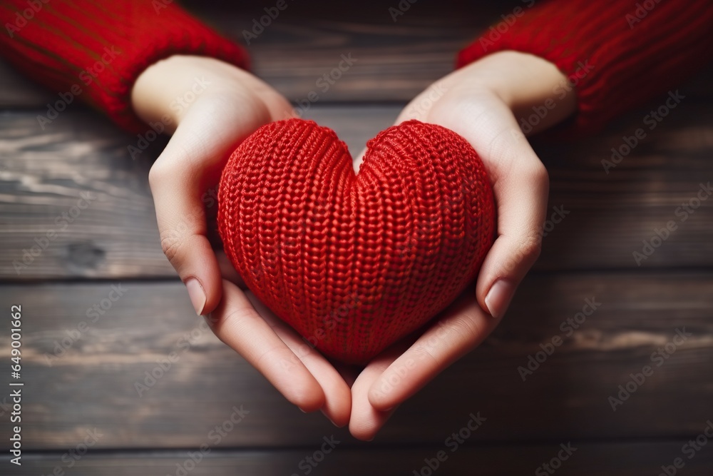 Hands holding red knitted heart toy, symbolizing love, health, charity, and support. Healthcare and donation concept Hands holding red knitted heart toy, symbolizing love, health, charity, and support. Healthcare and donation concept