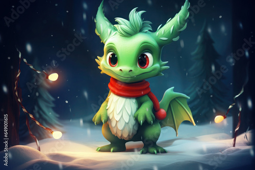 a small, cute green dragon in a red scarf is celebrating Christmas and New Year. symbol of the year 2024.