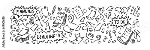 Set of business office doodle elements. Sketch hand drawn flying paper, clipboard, calendar, checklist, location map pin and route. Freehand vector illustration