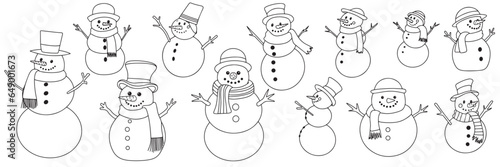 Set of hand dranw snowmen isolated on white background. Big collection of outline snowman. Vector illustration.