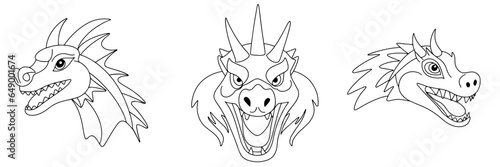 Doodle dragon's head. Set of dragon head outline. Hand drawn dragon's heads in doodle style. Vector illustration.