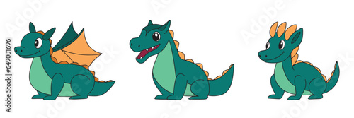 Set of dragons colored outline. Hand drawn green dragons vector illustraiton. 