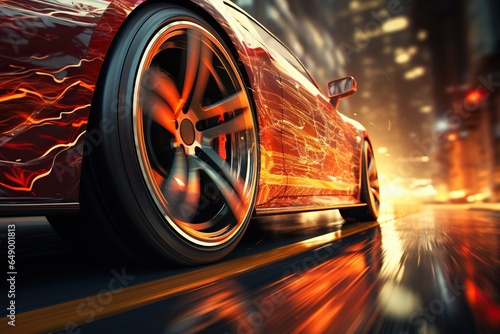 Close-up of wheel of sports car racing on a high speed night highway, motion blur and lights © iridescentstreet