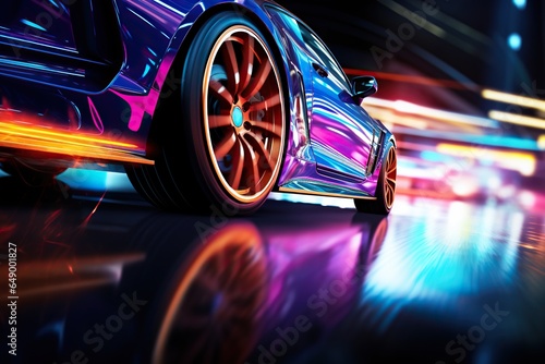 Close-up of wheel of sports car racing on a high speed night highway, motion blur and neon lights