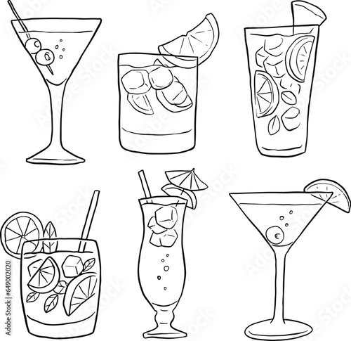 beverages doodle set drink fresh illustration. balck and white, black line vector