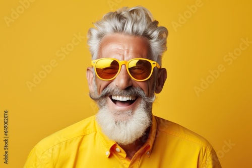 Happy bearded senior man in colorful yellow outfit, cool sunglasses, laughing and having fun in fashion studio © iridescentstreet