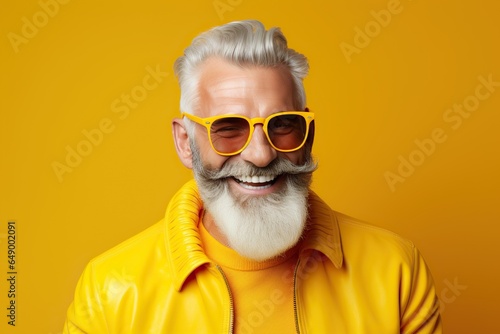 Happy bearded senior man in colorful yellow outfit, cool sunglasses, laughing and having fun in fashion studio © iridescentstreet